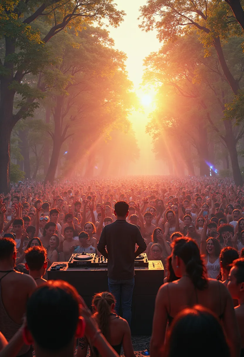 Rave in the forest where DJ and musician Anton Borin , it can be seen up close, plays for 1000 people at sunrise, realism