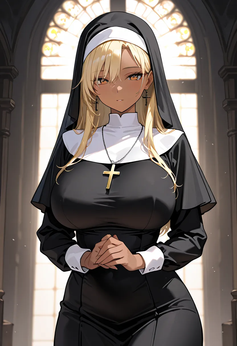 Top Quality, 1 girl,  Dark Skin 、blonde hair、Big Breasts、Alluring,traditional nun, nun, habit, long sleeves, dress, black dress, jewelry, black veil, cross, cross necklace,