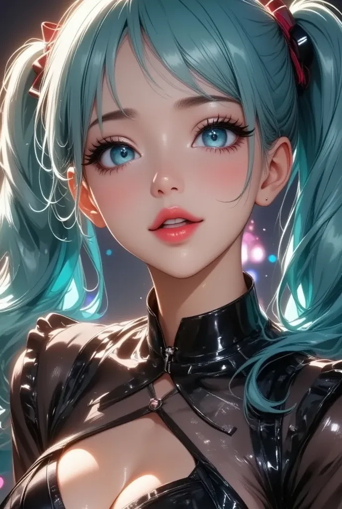  Hatsune Miku,  Virtual Idol,  Women with Impressive Beautiful Eyes :1.2,  beautiful eye for detail, Beautiful Detailed Lips ,  highly detailed eyes and faces,  long eyelashes , (((Long Turquoise Hair , Ultra long twin tails in a high position , red and bl...