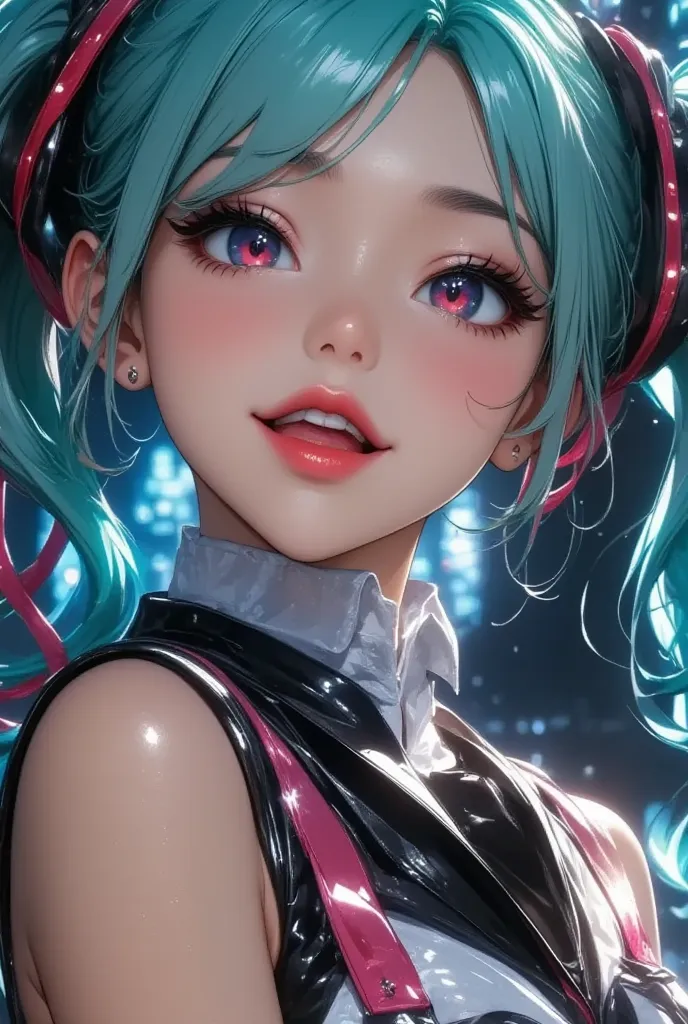  Hatsune Miku,  Virtual Idol,  Women with Impressive Beautiful Eyes :1.2,  beautiful eye for detail, Beautiful Detailed Lips ,  highly detailed eyes and faces,  long eyelashes , (((Long Turquoise Hair , Ultra long twin tails in a high position , red and bl...