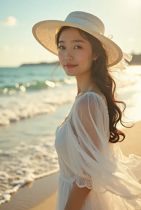 Fotografie of a beautiful girl age 25 Korean face wearing white dress wearing white beach in front of the camera hat white ribbon is on the beach riding a large lobster leopard type looking to enjoy the beauty of the beach in the afternoon with the sunset ...