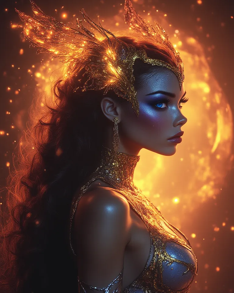 "An enigmatic woman with a profile look,  with a serene and powerful expression , her intense blue gaze shines in contrast to the fiery background. Her long dark and wavy hair flows smoothly, adorned with a metallic headdress in the form of a radiant fire ...