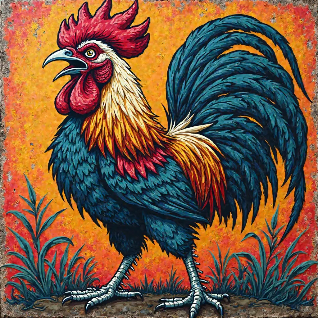 NFT 3D colorful woodcut Indian Rooster 
Wild creepy full body 
 Angry Giant  