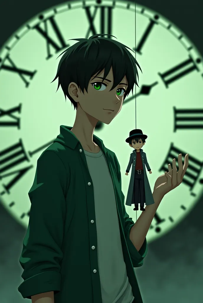 A young guy with dark hair stands against the background of a huge dial with Roman numerals.  The atmosphere is ominous , threads around a poisonous green haze. The guy is green an unbuttoned jacket and a white T-shirt, his gaze is cold and dispassionate, ...