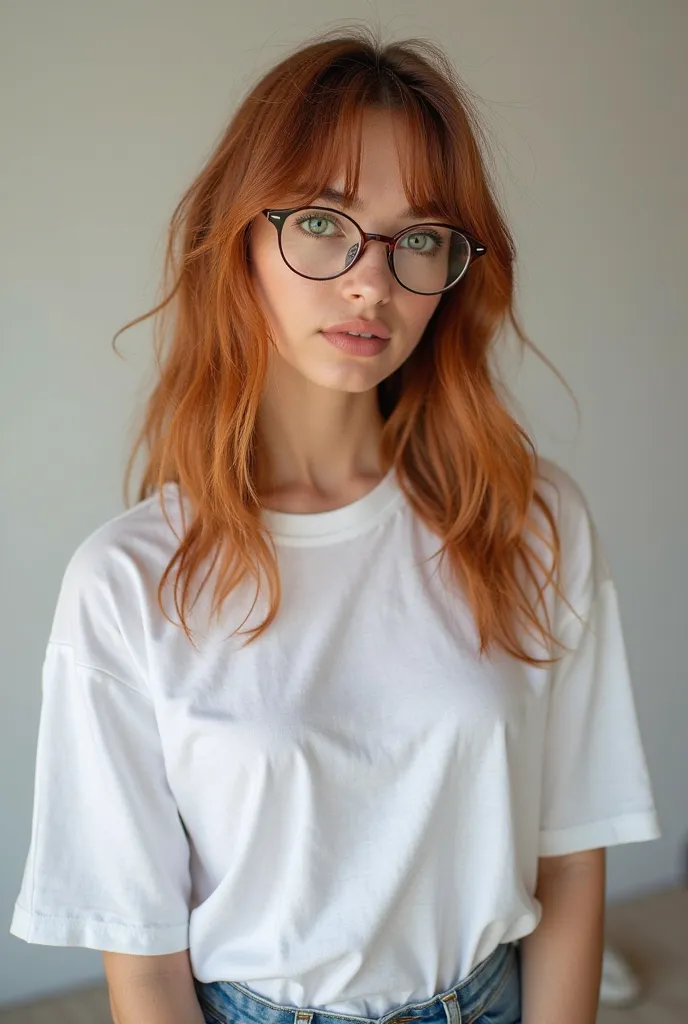  30-year-old woman, with a sexy body with generous curves. Caucasiana, with a slightly oval face and well-defined features. Expressive green eyes, for prescription glasses with rounded frame.  thin and proportional nose , with a tip Delicate that balances ...