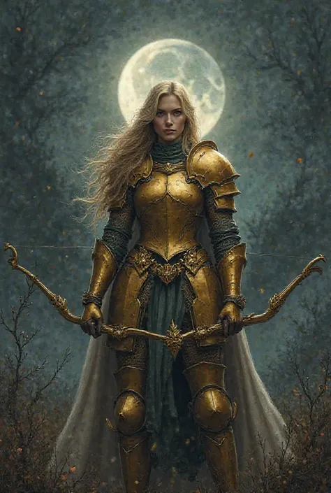 A female knight, wearing gold armor, golden hair, was shooting a bow. In the darkness there was a moon.