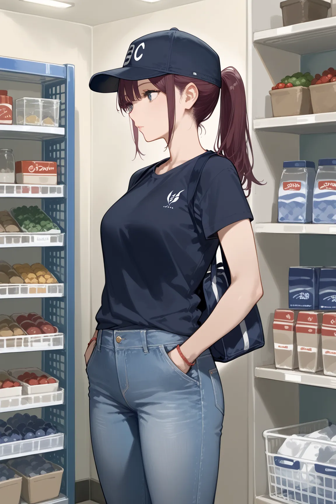 score_9, score_8_up, score_7_up,source_anime,solo,beautiful adult woman,
 ponytail, baseball cap, t-shirt and jeans, casual and relaxed, hands in pockets, leaning against counter, video rental store setting, shelves of DVDs, focused expression, secretly wa...