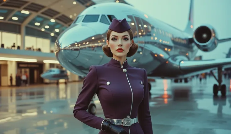 A stunning retro-futuristic flight attendant standing confidently in front of a sleek, chrome-plated airliner. She wears a stylish, form-fitting uniform with a structured hat and elegant gloves. Soft neon lights from the runway reflect off her metallic bel...