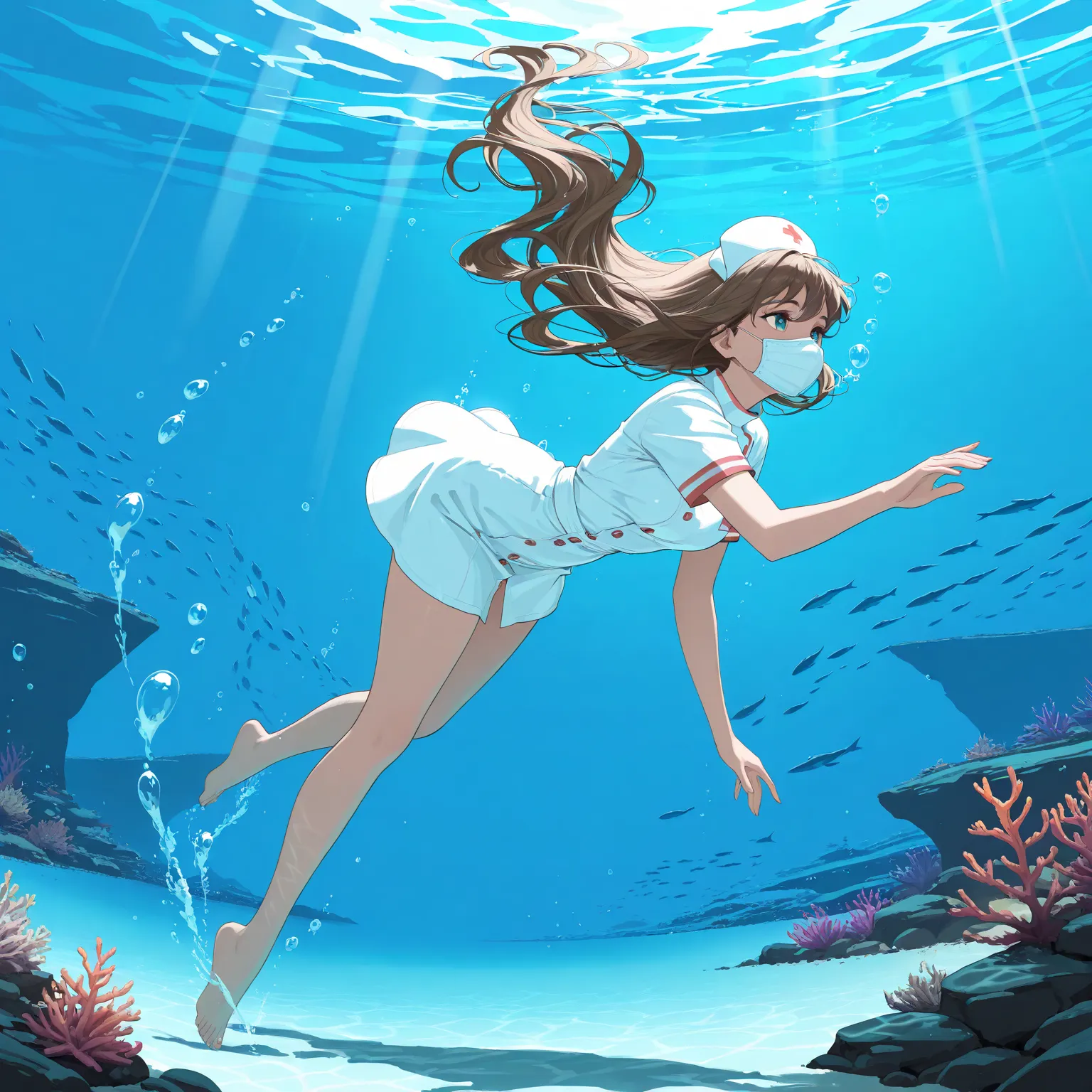 High resolution, Super detailed, Best Quality, masterpiece, 8K, 4K, beautiful background, the best aesthetics, (flat color:0.6), 1girl, nurse uniform, white nurse cap, swimming underwater, ocean, deep blue water, bubbles, medical mask, flowing hair, gracef...