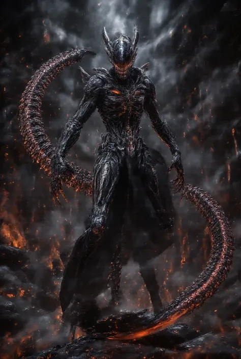 alien in an apocalyptic world dominated by fire and lava. He wears black armor with luminous details of magma in red and orange, like incandescent cracks in the suit. Its cover looks like smoke and fire, with burnt edges, rippling in a hot wind. The mask f...