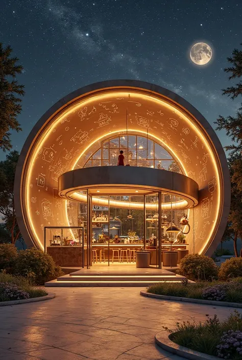 A futuristic coffee shop designed to look like a celestial observatory, with floating rings orbiting the structure. The entrance is a massive glowing ellipse, pulsating gently with golden-white starlight. The walls are embedded with animated constellations...