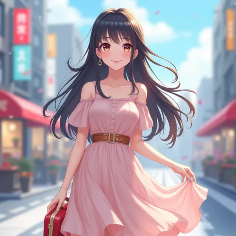 super image quality、Transparency、anime style、3d、 water color 、Pretty Girl、smile、The length of the hair is long hair up to the shoulders、dress、trip、The background is a foreign city、The feeling of looking blurry