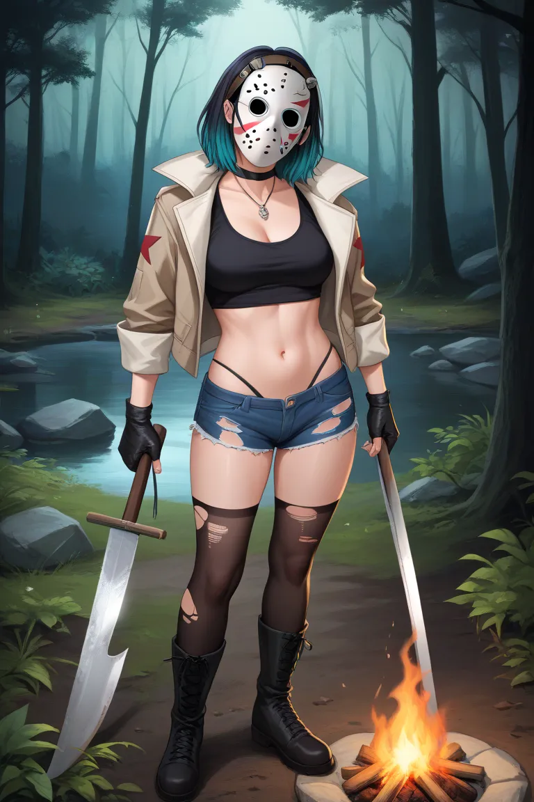 *"A full-body digital painting of a young woman, around 20 years old, with a model-like appearance, dressed as Jason Voorhees. She stands near a crackling campfire at Crystal Lake during nighttime, surrounded by dark forest and tents. She wears a weathered...