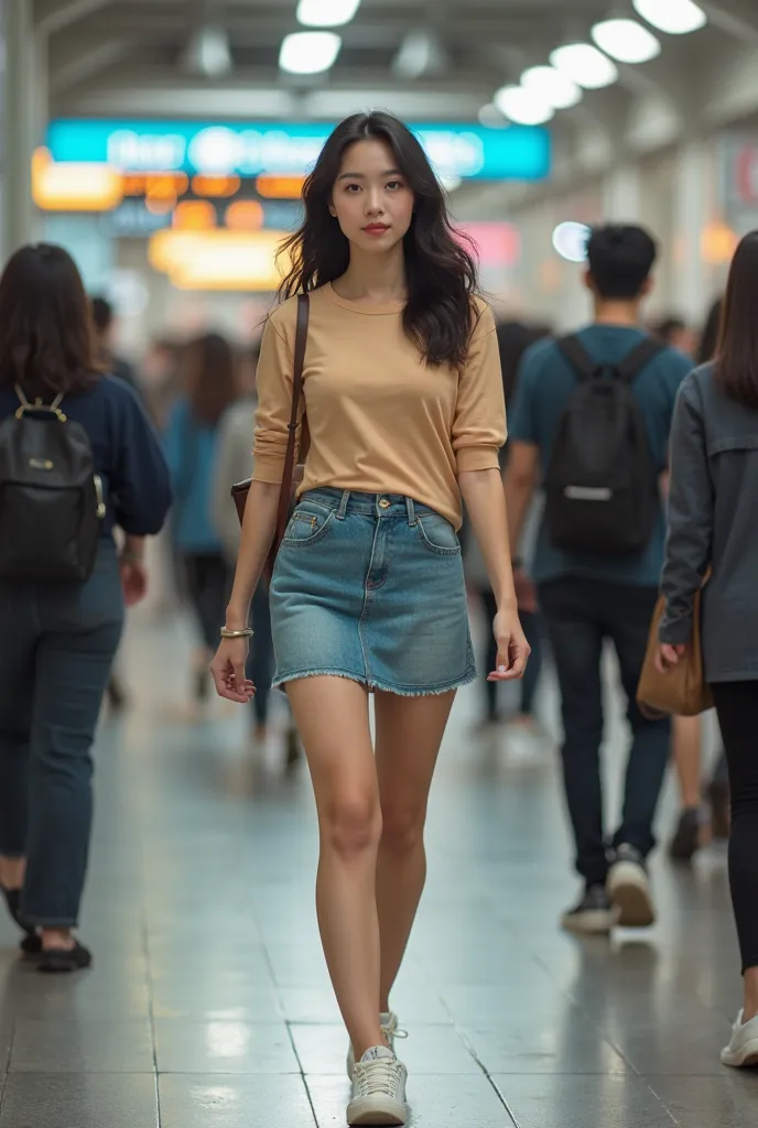  Taiwan Young Beauty ，Slim Fit Round Neck Casual Top，denim skirt，sneakers，get off work，MRT Subway Station， lots of people ，Realistic photos