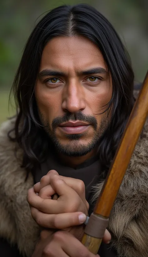 the Indian hunter, shown in close-up. He has a gentle yet determined expression, with long hair, beard, wearing a deer skin wrap, holding a bow. (9:16 vertical)