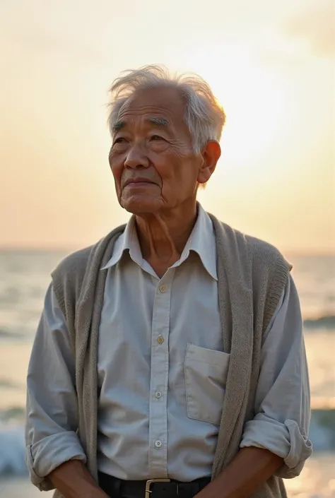 "A wise 80-year-old Korean man with silver hair, gentle wrinkles, and deep, thoughtful eyes. He is wearing a neatly buttoned-up linen shirt with rolled-up sleeves and a lightweight cardigan, exuding intelligence and grace. His posture is upright yet relaxe...