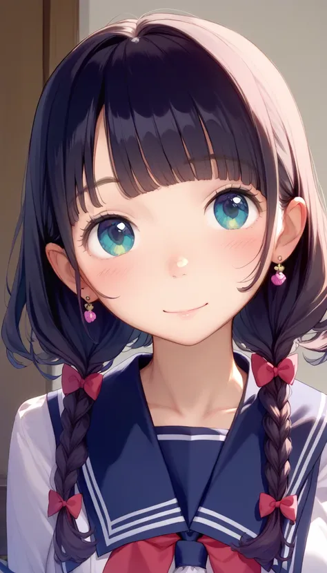 best image quality、 pretty eyes、Detailed eyes、cute face、 Baby Face、、Juvenile body、sailor suit、 black hair、girls、full body、平たい胸、knee-high socks、braids、 elementary school student、bust up