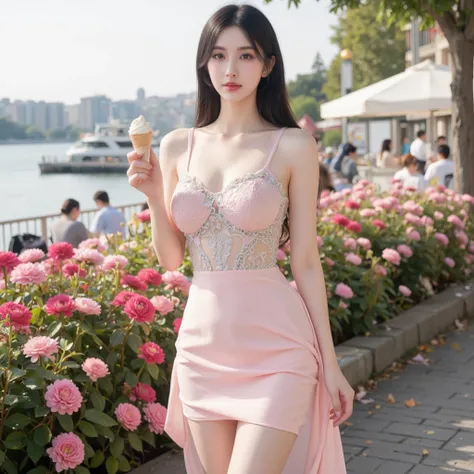 A young Korean idol is wearing the most beautiful short dress ever seen, elegantly designed with intricate details and flowing fabric that enhances her graceful appearance. The dress shimmers in the soft natural light, perfectly complementing her radiant s...