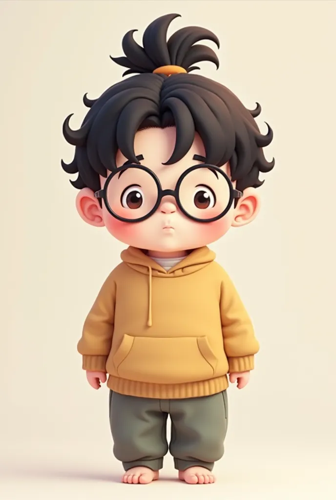 Make a nerd androgynous trans boy, cute, chubby body, round glasses, extra long curly black hair tied on one ponytail, loose-fitting clothes, white skin