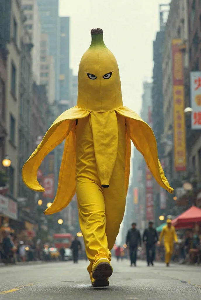 A   is wearing a banana -like outfit and is walking down the street