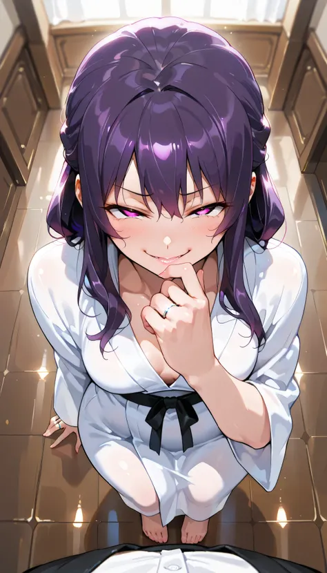 (masterpiece, Highest_quality:1.2), 1 girl, Alone, mature woman, tsub, long hair,  purple hair, (housewife:1.5, ring, robe, wedding ring), beautiful eyes, focusing on women, watching viewers, ,  very small breasts, Chest, wide hips, (( view from below)) ((...