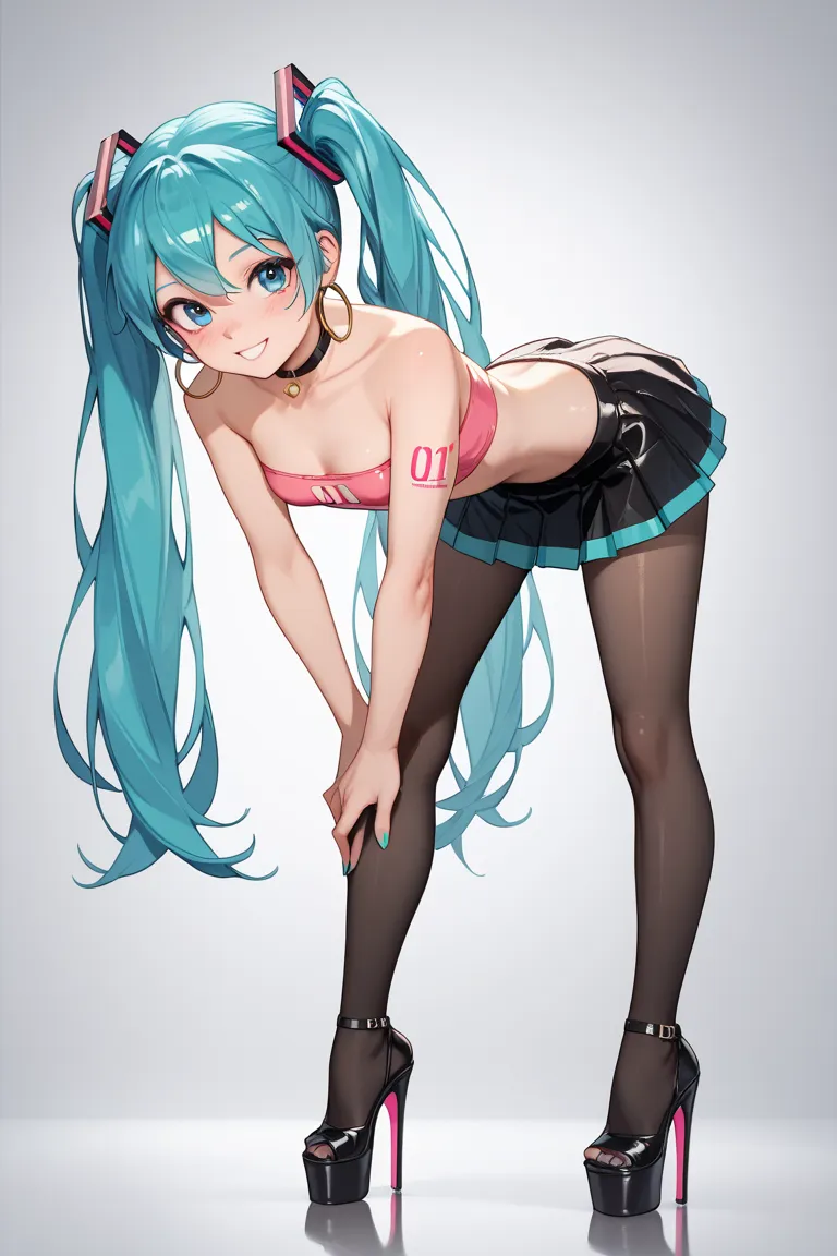 very very young slender petite loli Hatsune miku  with small size breasts dark black eye shadow and large hoop earrings wearing a neon pink tiny pleated cute micro skirt waist high very dark black pantyhose that go up to her waist wearing her thong is show...