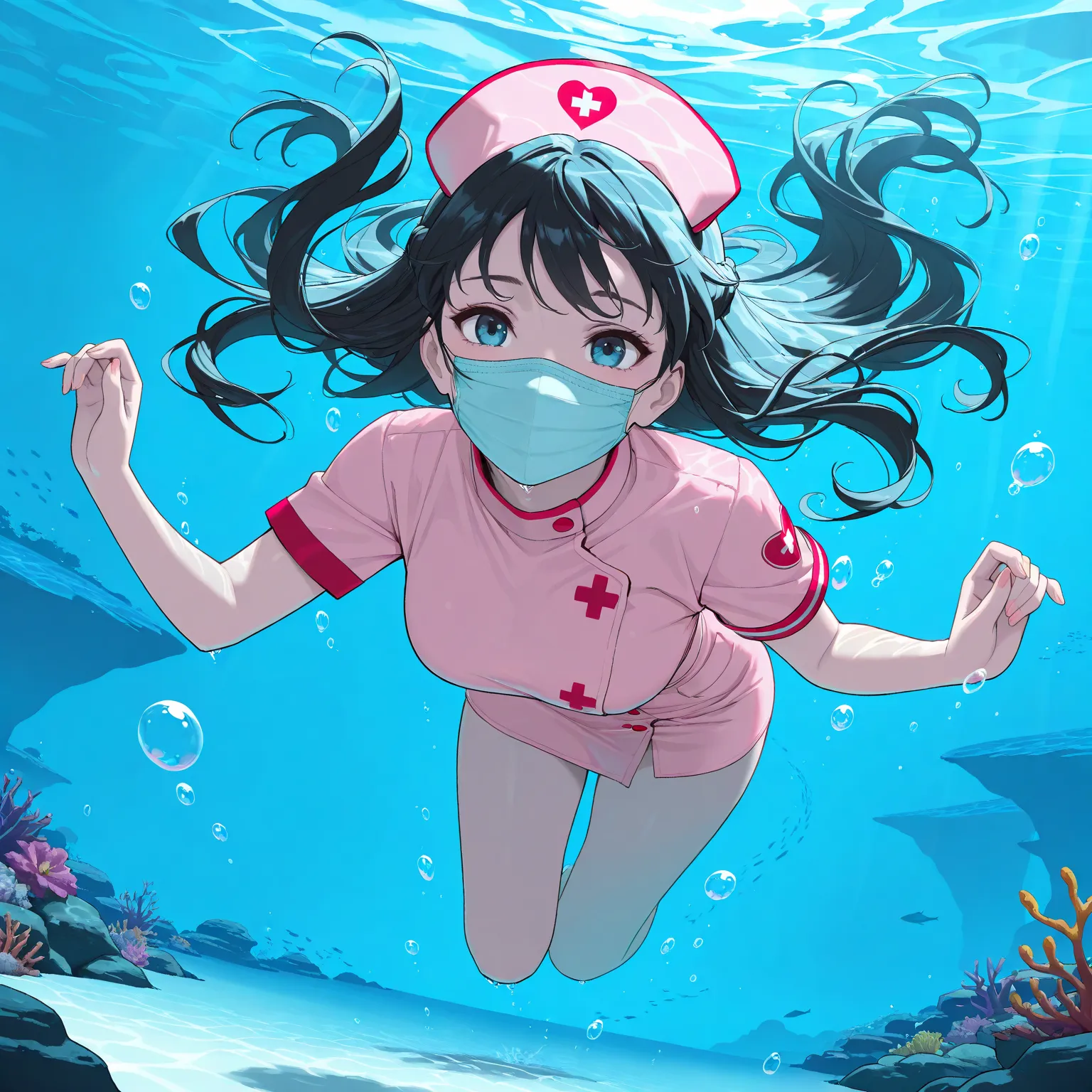 High resolution, Super detailed, Best Quality, masterpiece, 8K, 4K, beautiful background, the best aesthetics, (flat color:0.6), 1girl,pink nurse uniform, pink nurse cap, swimming underwater, ocean, deep blue water, bubbles, medical mask, flowing hair, gra...