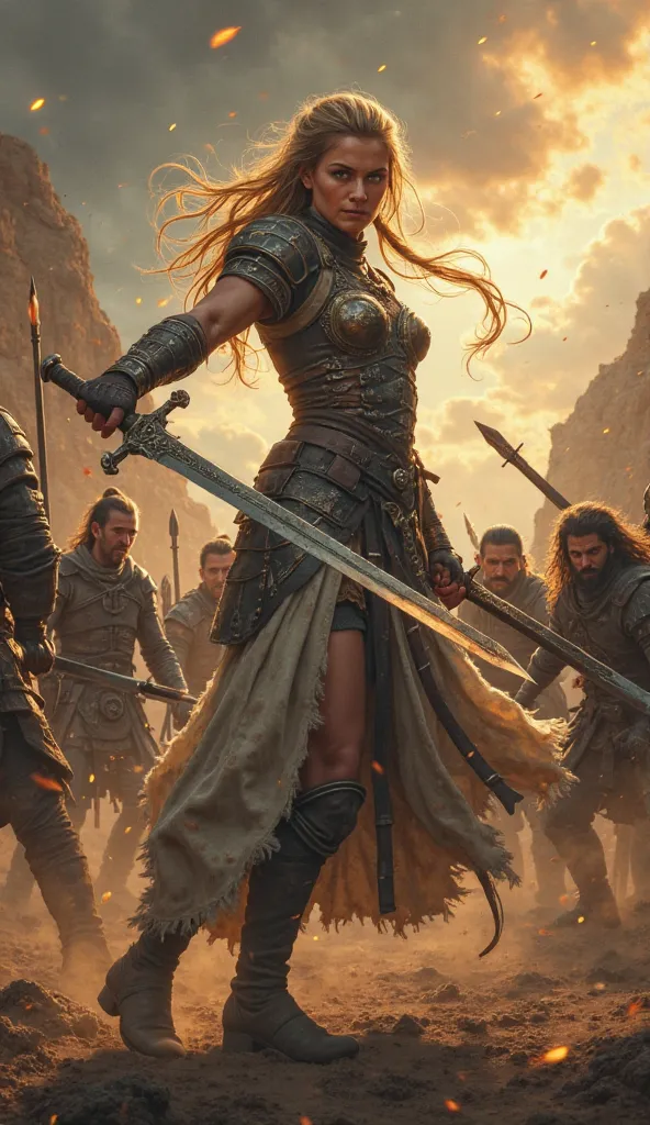 A breathtaking, cinematic scene of Elara, a fierce and determined warrior with piercing eyes and flowing hair, standing at the center of a chaotic battlefield. She wields a finely crafted sword with astonishing skill, her stance exuding confidence and grac...