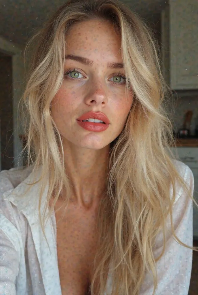 FOR instagram, talking a selfie  Woman, , longhair, blonde  skinny, , green eyes, redlips makeup, ,  A chic young woman sitting in a kitchen  wearing a  opened shirt.with  green eyes catching the soft afternoon looking adorable and sexy photo 