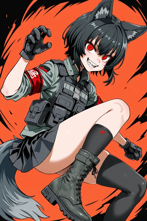 Black Hair, Red Eyes, Wolf Cut Hairstyle, Short Hair, Grey Tactical Jacket, Sharp eyes, Black Skirt, Thigh Highs socks, Combat boots,Tactical Gloves, Red Armband on right arm, Sharp Teeth, Detailed Faces, Asanagi Artstyle, Looking at Viewer, Fox Ears, Fox ...