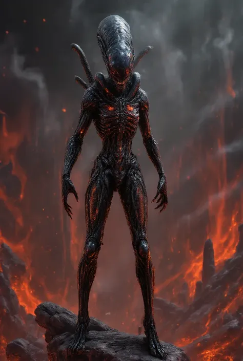 alien in an apocalyptic world dominated by fire and lava. He wears black armor with luminous details of magma in red and orange, like incandescent cracks in the suit. Its cover looks like smoke and fire, with burnt edges, rippling in a hot wind. The mask f...