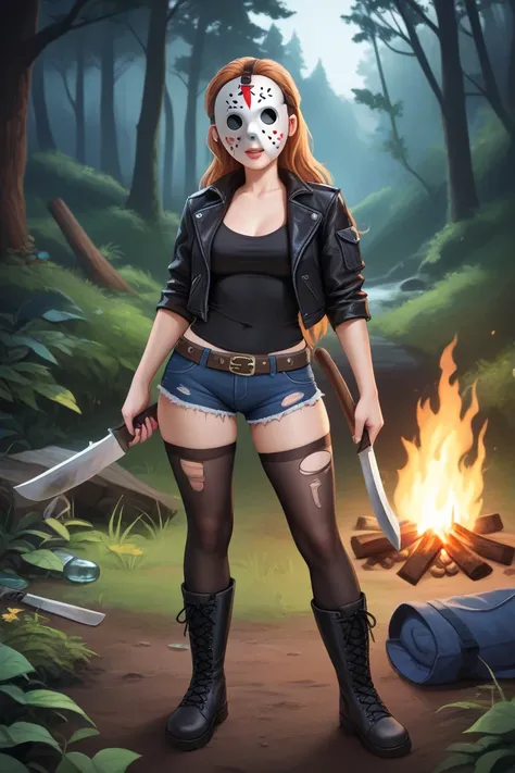 *"Digital illustration in the style of realism or semi-realism. Young girl, About 20 years old ,  with a model appearance , with a slim and fit figure, working boots by the fire at Crystal Lake Camp at night. Her long hair is slightly disheveled, peeking o...