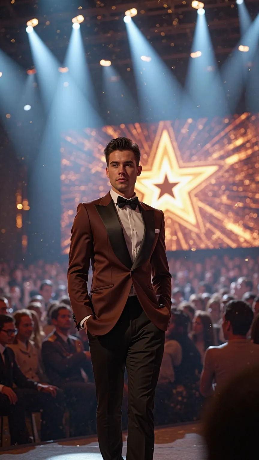 Photorealistic, 9:16 format, maximum quality. A confident young man steps onto a grand stage, bathed in dazzling spotlights at a prestigious talent show, reminiscent of ‘America’s Got Talent.’ His posture is poised and self-assured, his gaze sharp and focu...