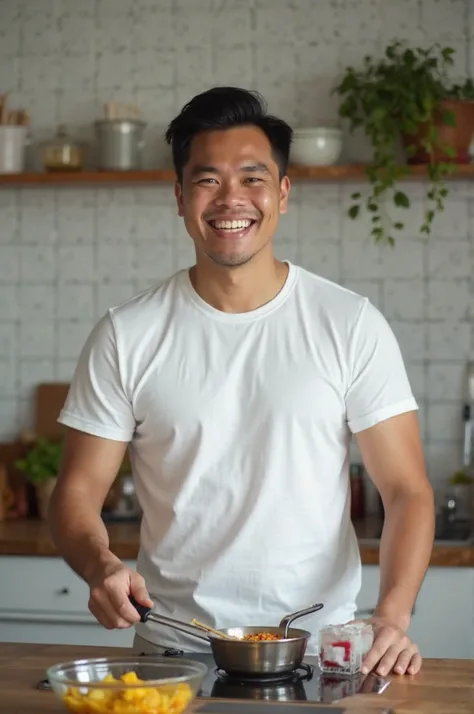 A handsome Indonesian man wearing a white t-shirt is cooking in a simple kitchen while smiling looking at the camera in front of him 