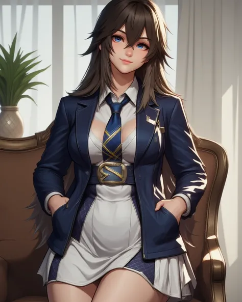  A female student uniform consists of a white dress with a plaid pattern on the skirt, a navy-blue waist belt with gold accents, a navy-blue blazer jacket with gold accents, and a navy-blue tie, female students can also wear knee-high high-heel boots with ...