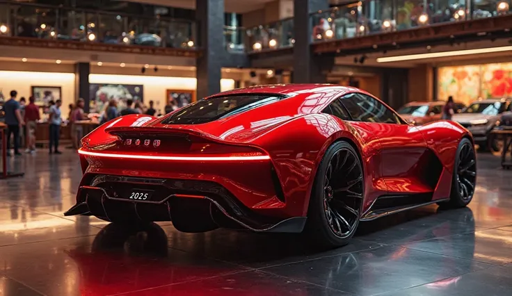 A captivating image of a (2025 tucker 48 ) taking center stage in a luxurious , showroom. The futuristic, vibrant (red)exterior gleams, showcasing its sleek, aerody namic design and bold accents. The (back  side)  highlights the cutting-edge innovation and...