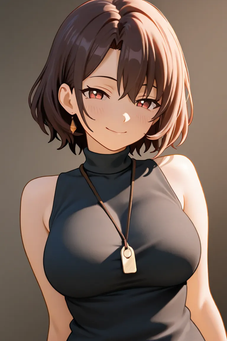 a mature looking anime girl with messy middle-parted hair but stylish sleeveless turtleneck