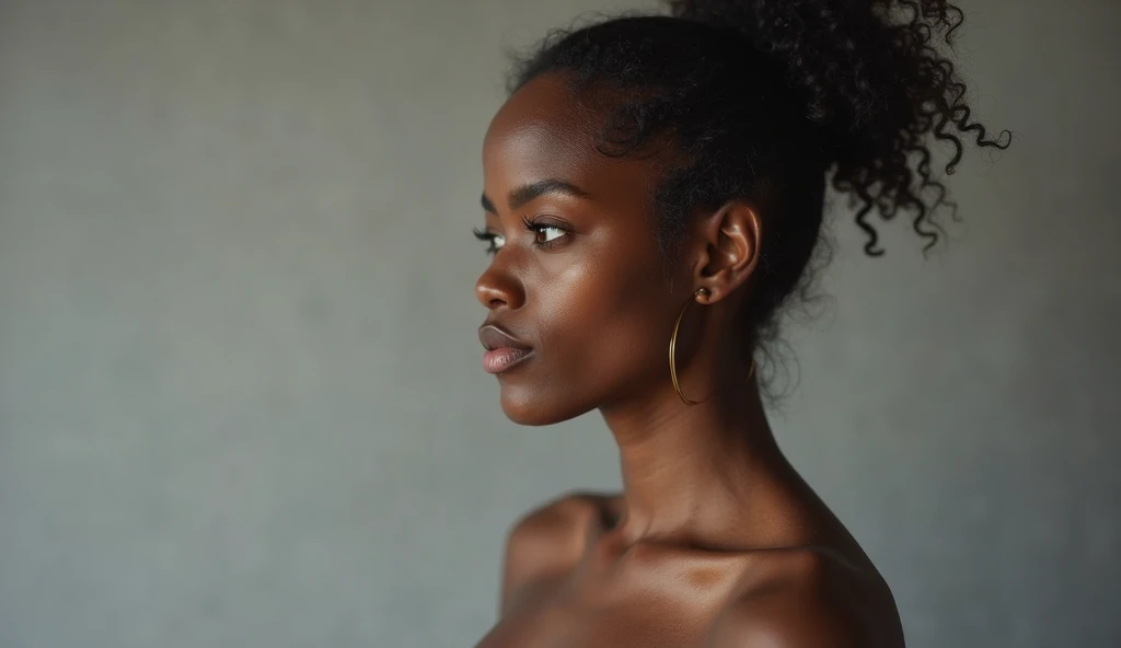 Photograph of a woman, side lighting, body hair, gray background