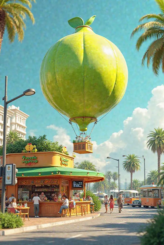 Here’s a set of 7 prompts you can use to generate 7 different images of your roadside juice bar, each with variations:

1. Classic Green Lemon Balloon
"Design a 3D scene of a vibrant roadside juice bar with a giant, floating green lemon-shaped hot air ball...