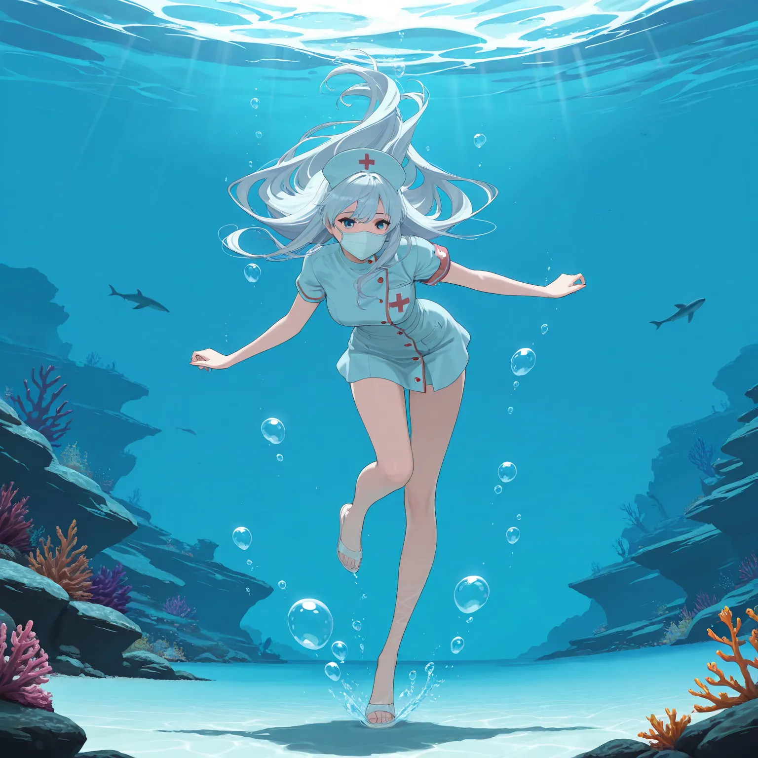 High resolution, Super detailed, Best Quality, masterpiece, 8K, 4K, beautiful background, the best aesthetics, (flat color:0.6), 1girl,lightblue nurse uniform, lightblue nurse cap, swimming underwater, ocean, deep blue water, bubbles, medical mask, flowing...