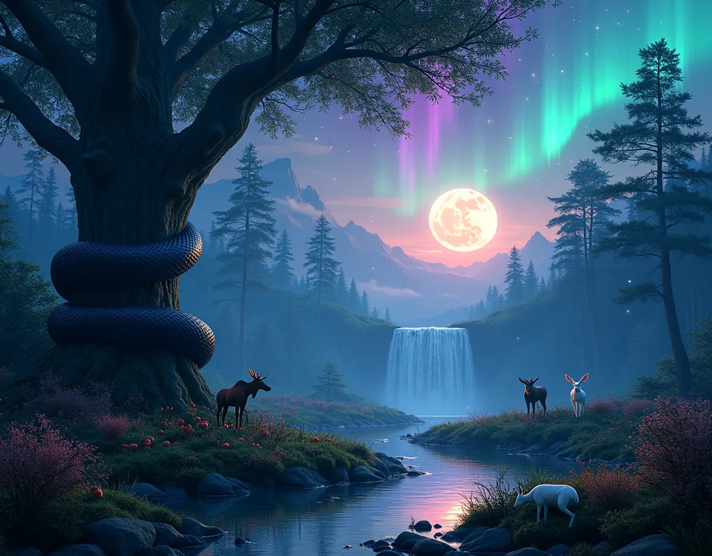 masterpiece, best quality, high quality, cg, 8k, scenery, night, sky, clouds, no man ,lush forest, beautiful waterfall, fantasy image, firefly, moonlight, aurora, tree, black snake on tree, apple herd, moose, albino deer, white rabbit,