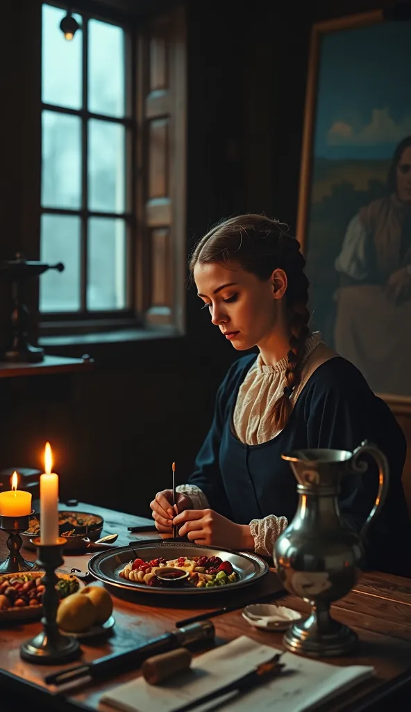 "A hyper-realistic, cinematic image of Clara Peeters, the pioneering 17th-century Flemish painter, seated at a wooden table in her dimly lit art studio, surrounded by her still-life compositions, fully dressed in historically accurate 17th-century Flemish ...