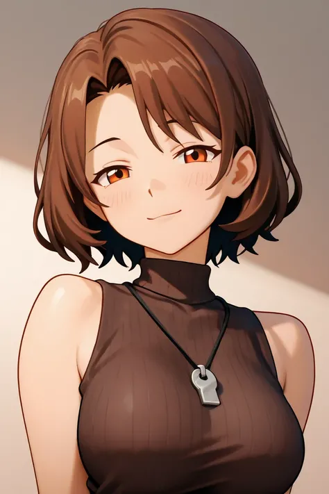 a mature looking anime girl with messy middle-parted hair but stylish sleeveless turtleneck