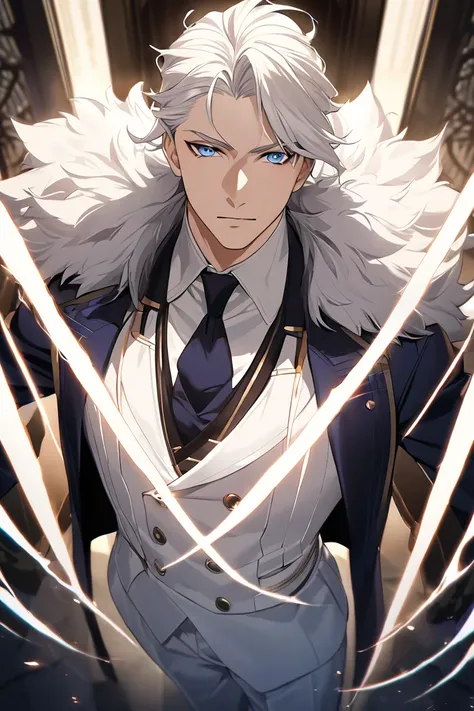 anime male, long fluffy hair, pure white hair, blue eyes, my hero academia outfit fancy suit, my hero academia character