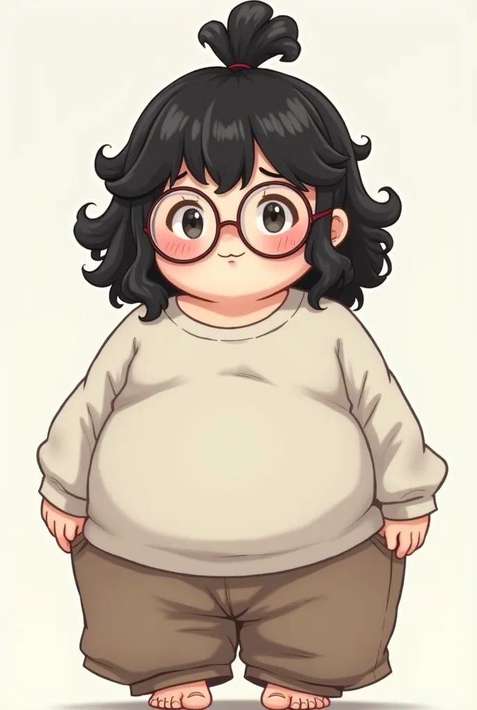 Make a nerd androgynous trans boy, chubby body, round glasses, extra long curly black hair tied on one ponytail, loose-fitting clothes, white skin. He's male and needs to look androgynous and chubby