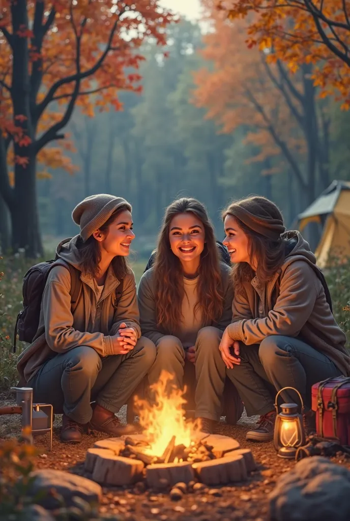 Three female friends camping in autumnal forest