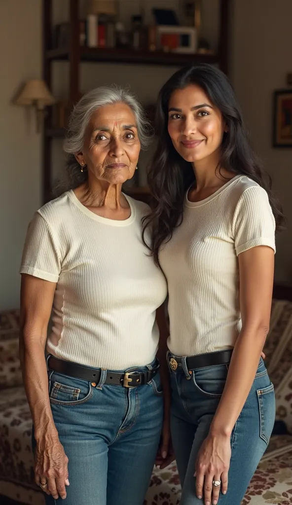 Married traditional Indian woman with long hair in skinny jeans and skintight cream ribbed t shirt TUCKED under in skinny jeans and black belt, half sleeve tshirt, looking at camera, girl is standing with the elderly woman in skintight tshirt is grand moth...