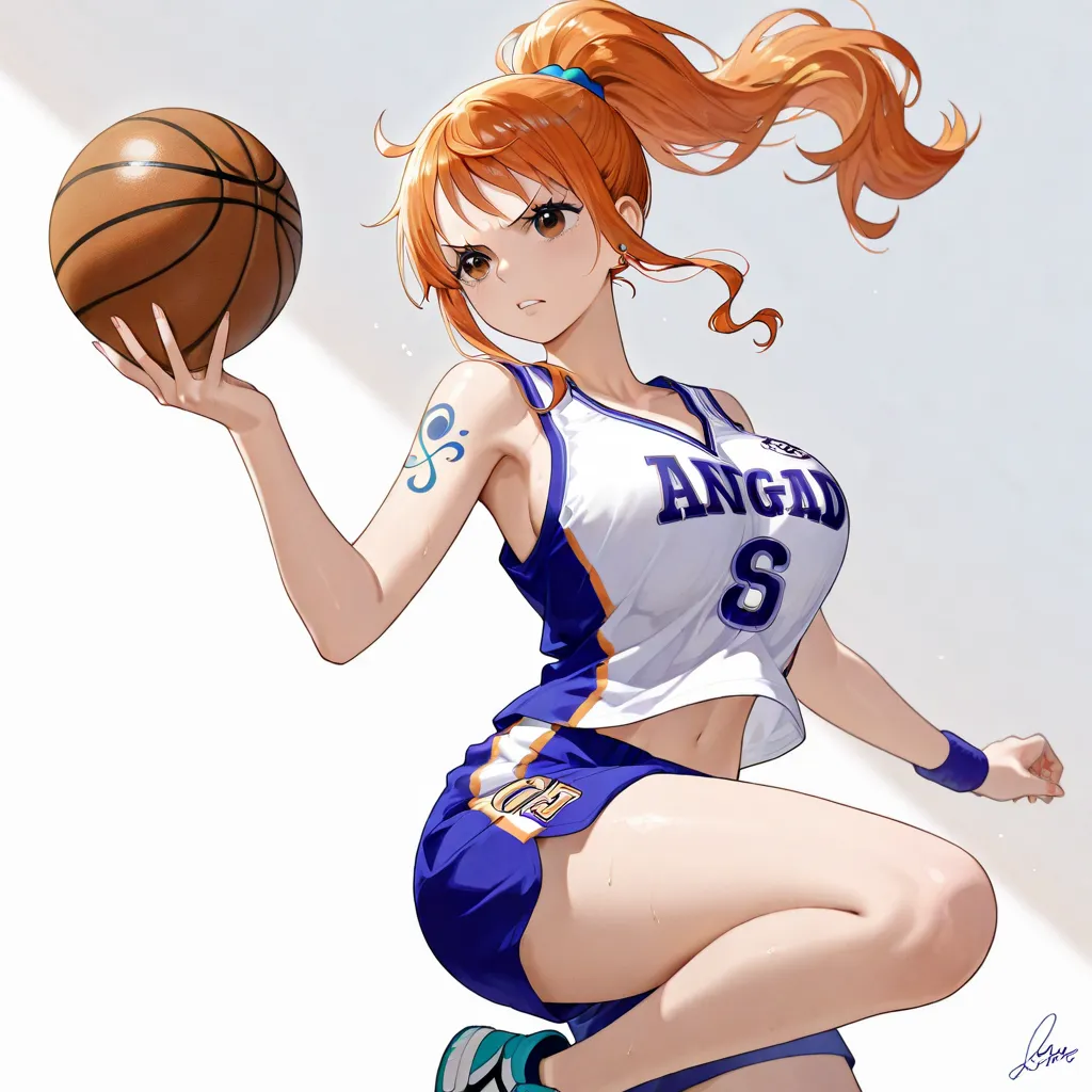 "Create a digital illustration of Nami from *One Piece* as a basketball player. She should be wearing a stylish basketball uniform with her signature orange and white color scheme, holding a basketball in one hand. Her iconic orange hair should be tied bac...