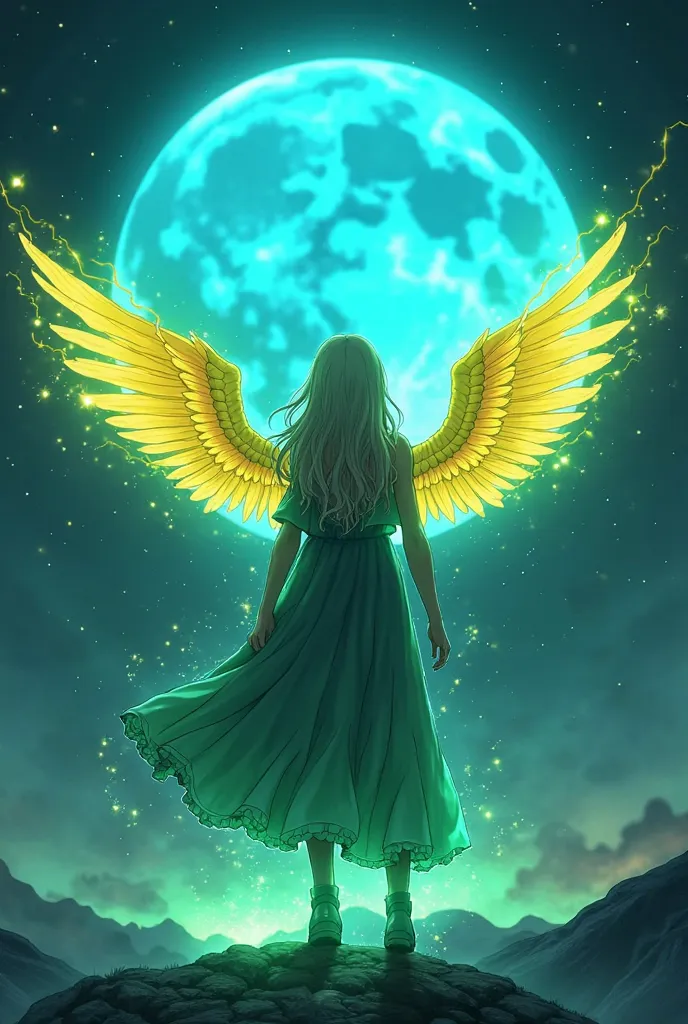 Now make me a photo around her body with a bright blue moon in a green blue color rust on her back standing in the air with a pair of 3D wings in yellow color on her back but facing us and such a green fire burning on her body found in goku anime on her bo...