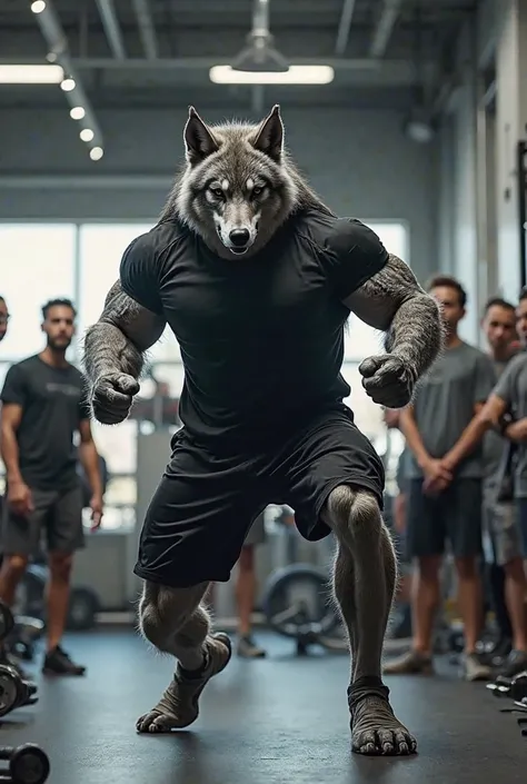 I want a humanoid looking wolf image doing sports in the gym. Let people watch him around.Get a tracksuit on the wolf, a black T-shirt and a black shorts